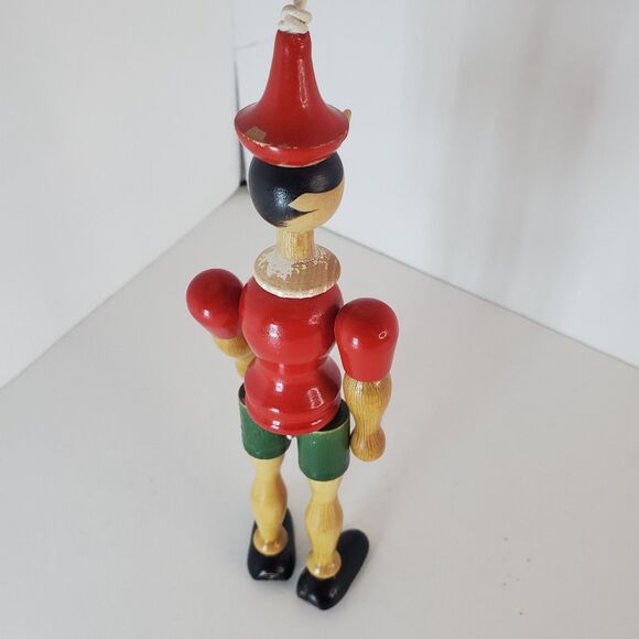 Vtg Pinocchio Christmas Ornament Wooden Hand Painted Jointed Marionette Style 8” - Picture 4 of 5
